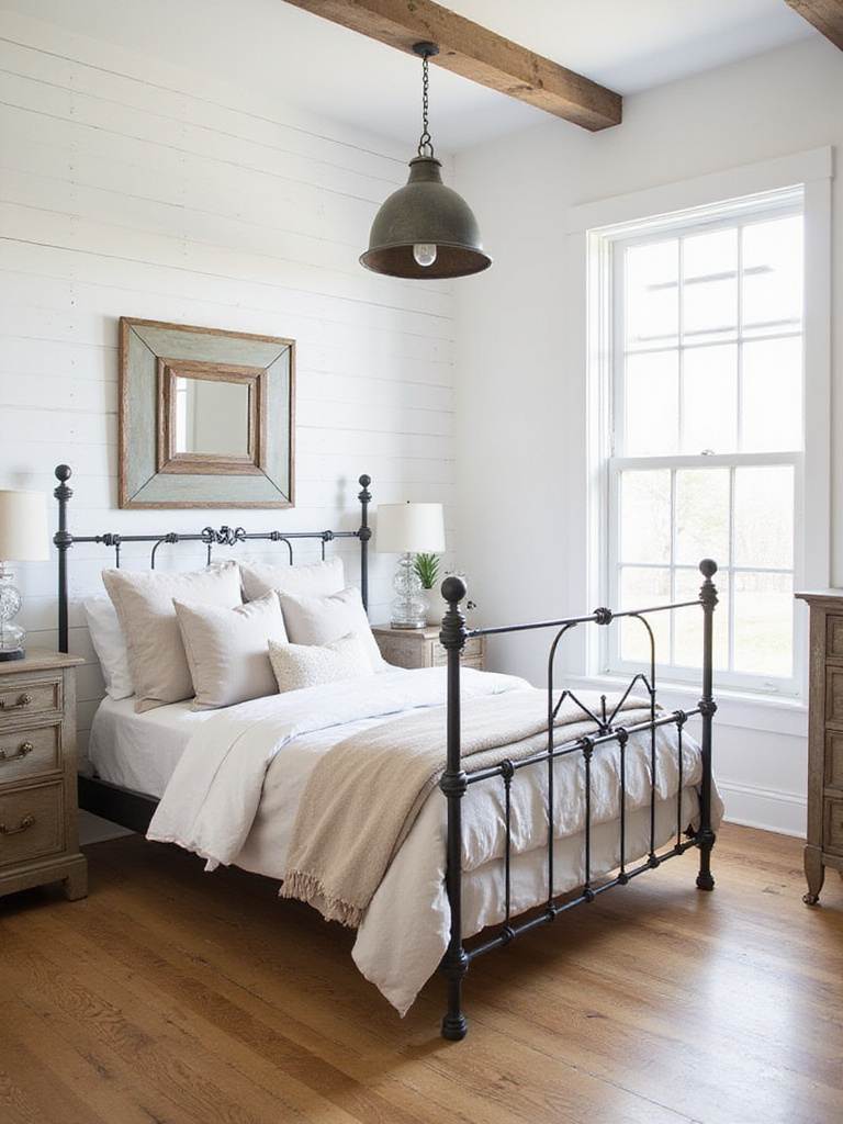 Farmhouse bedroom with wrought iron bed frame and metal accents.