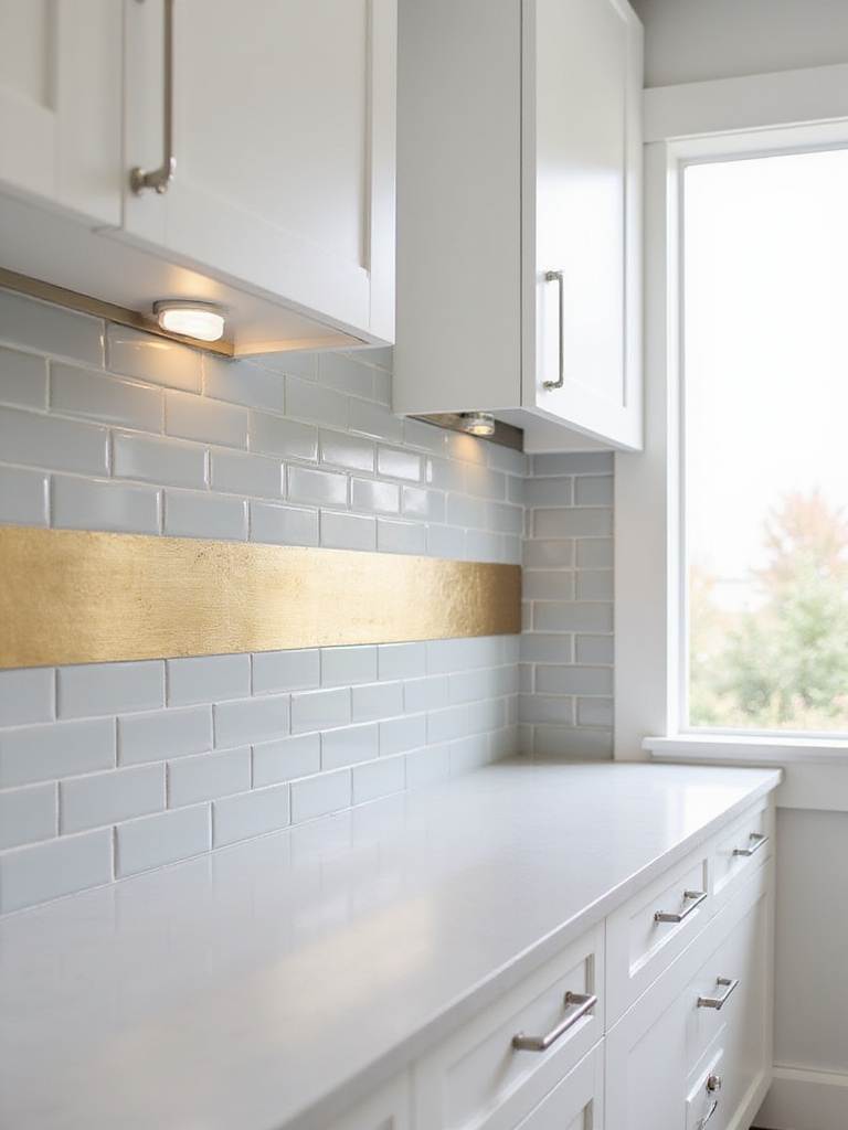 Modern kitchen with brushed gold metallic backsplash accent.