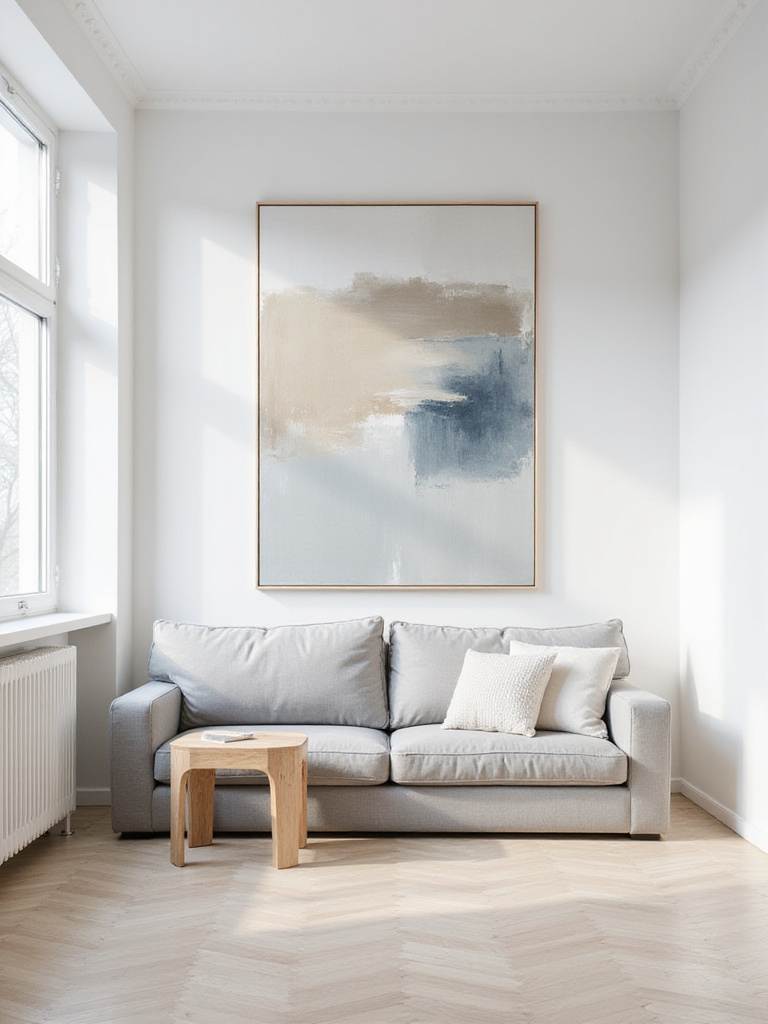 Scandinavian living room with minimalist art above sofa