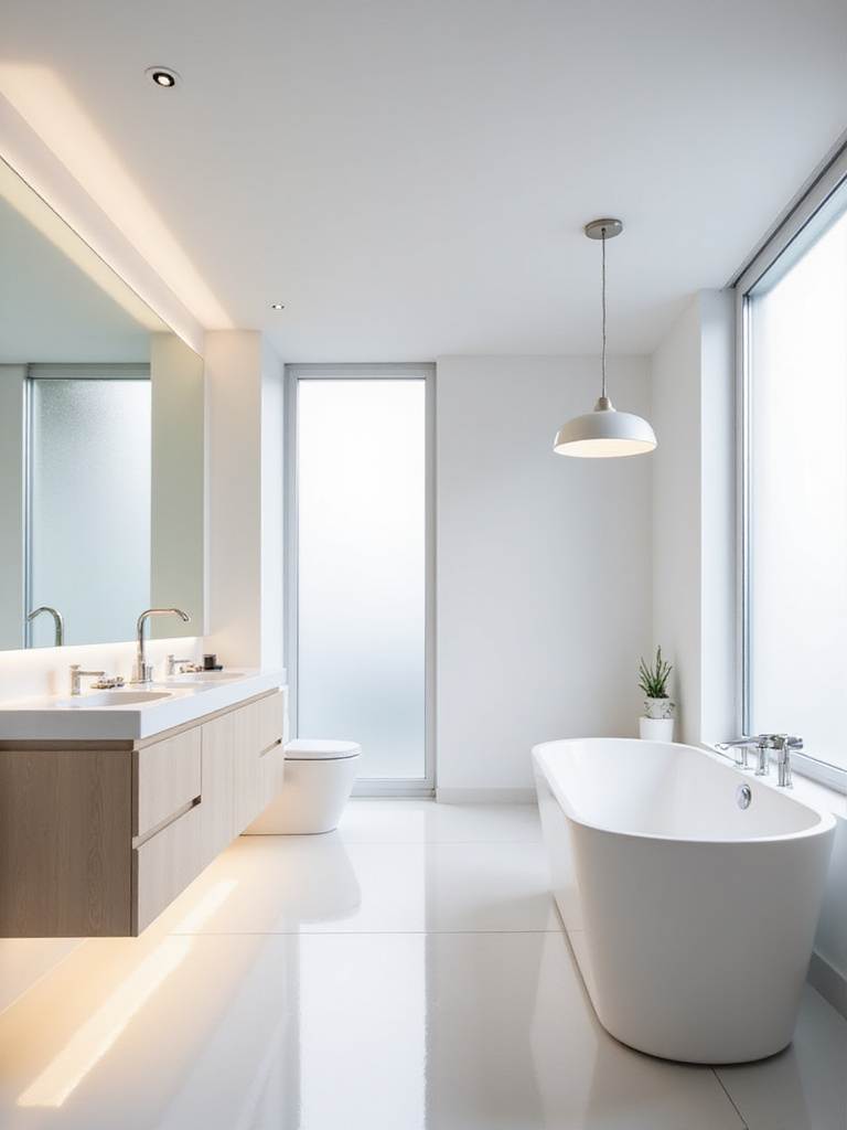 Minimalist bathroom with recessed lighting, under-cabinet LED strips, and a pendant light above a freestanding tub.