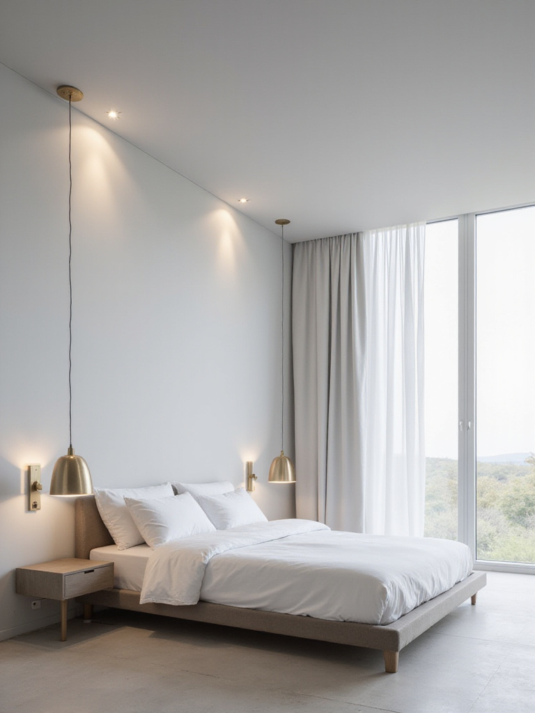 Minimalist bedroom lighting featuring recessed lighting and a single pendant lamp.