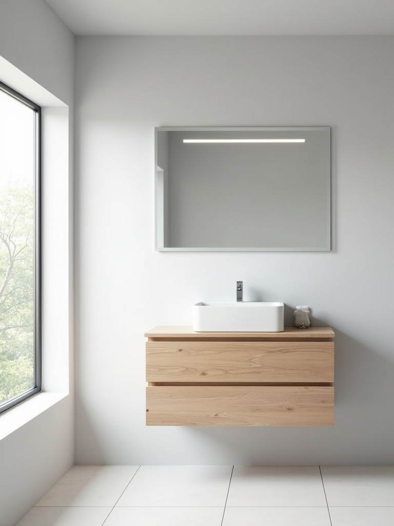 Minimalist bathroom vanity with light wood, floating design, and frameless mirror