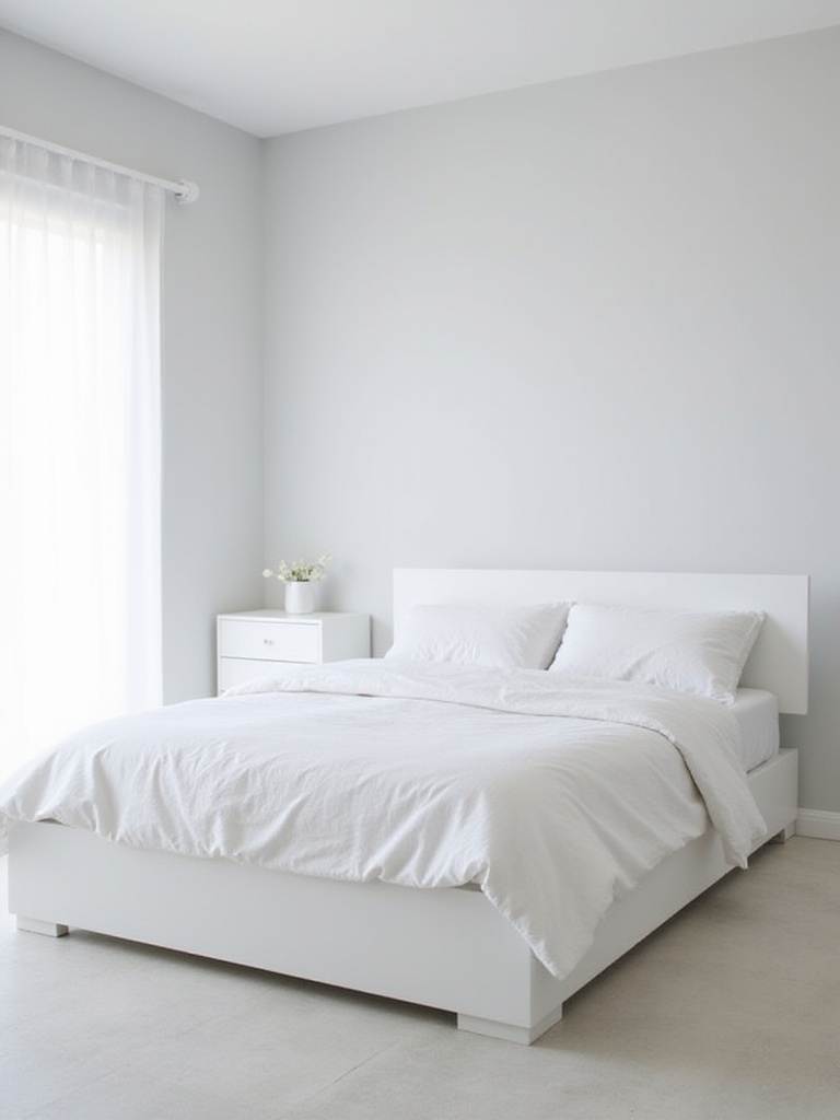 Minimalist white bedroom with platform bed and floating bedside table
