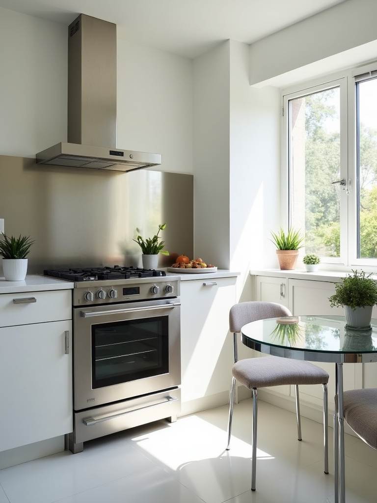 Small kitchen design with mirrored backsplash creating illusion of more space