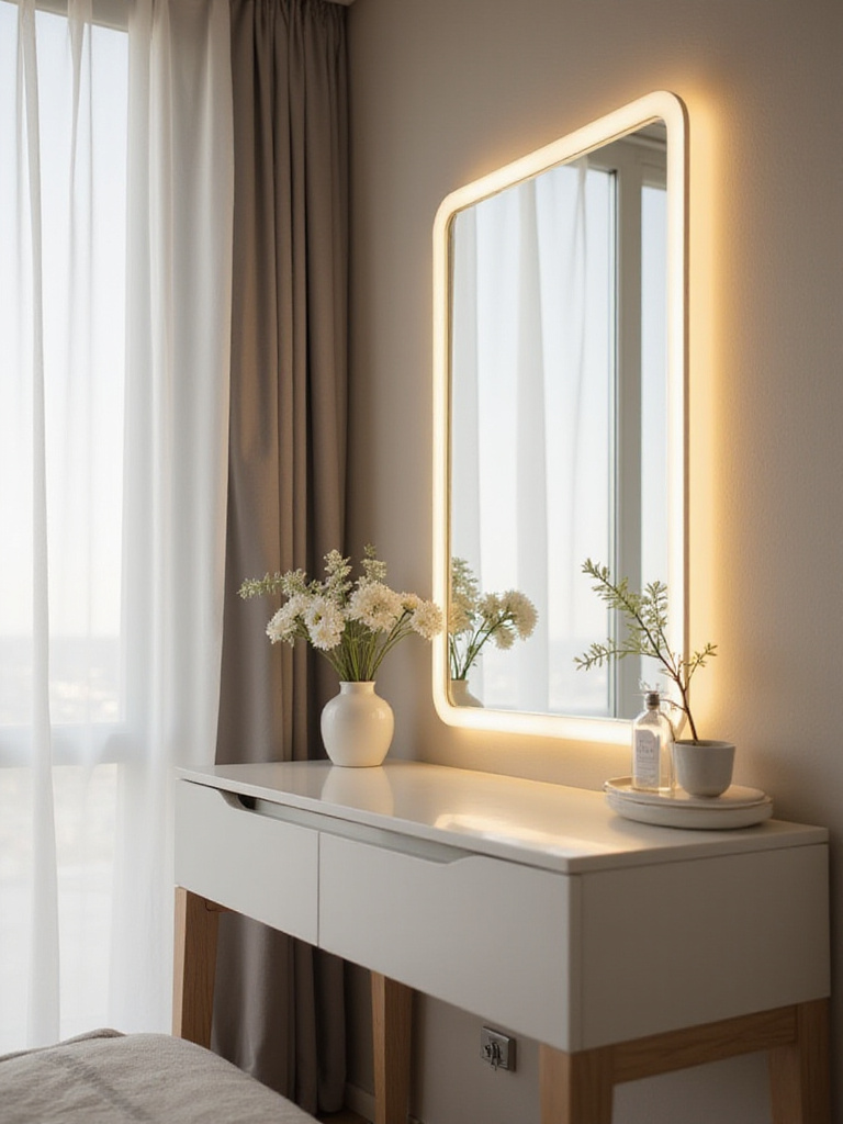 Bedroom vanity with LED mirror lighting for makeup application