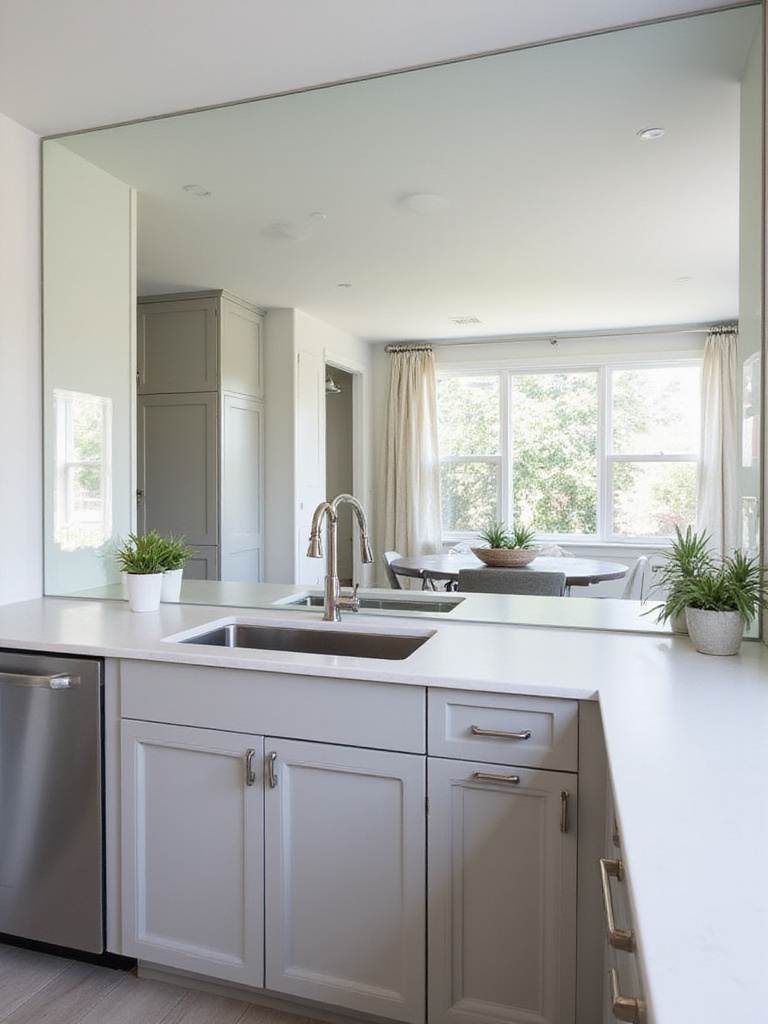 Contemporary kitchen with a light gray cabinets and a full mirrored backsplash.
