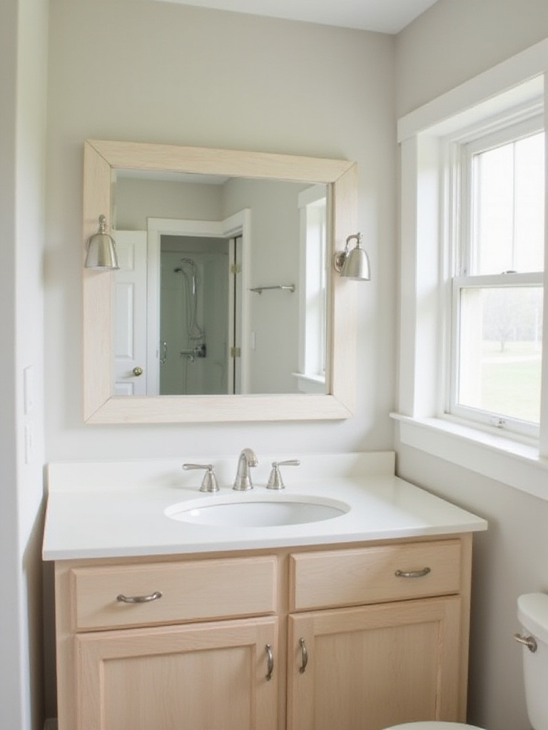 Bathroom mirror framed with white wood for a budget-friendly remodel
