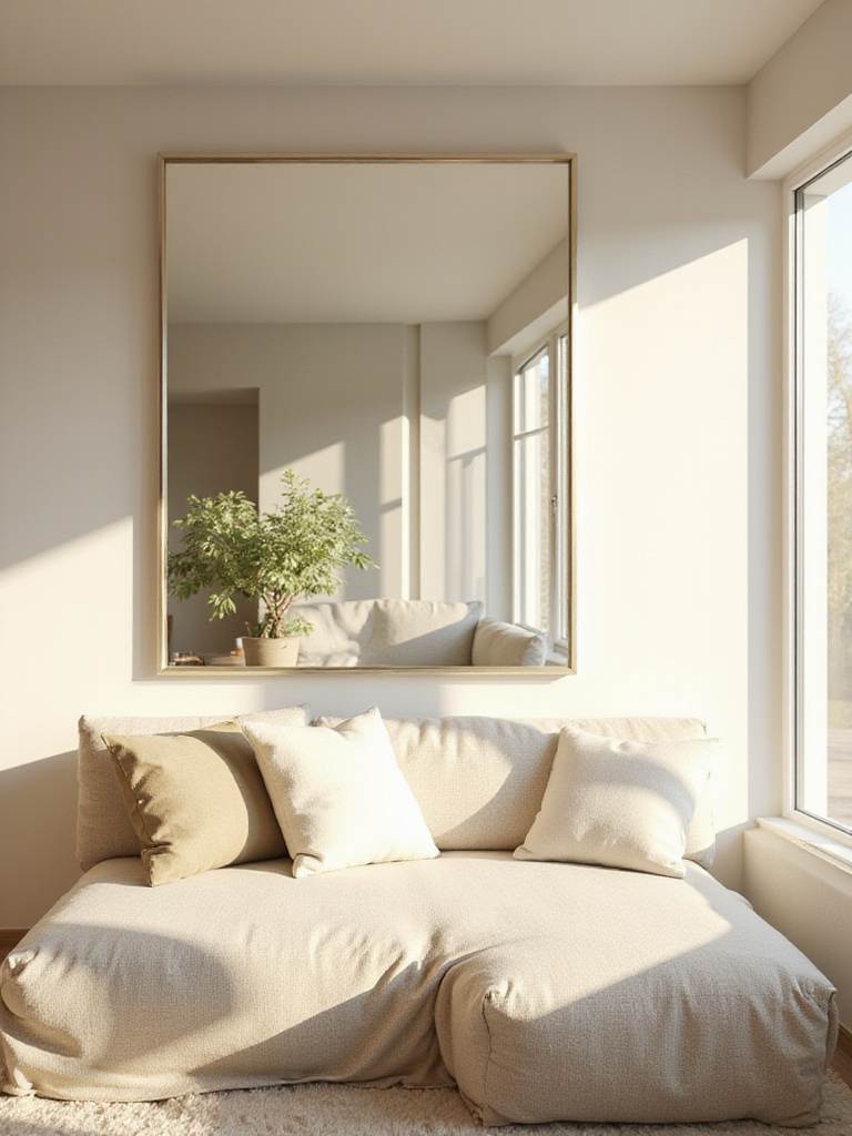 Living room with a large mirror reflecting natural light and creating a sense of spaciousness.