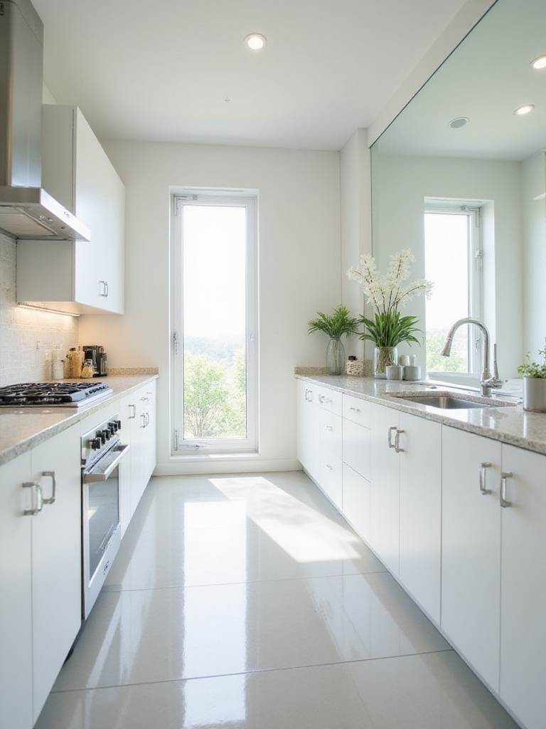 Modern kitchen with mirrored backsplash visually expanding the space