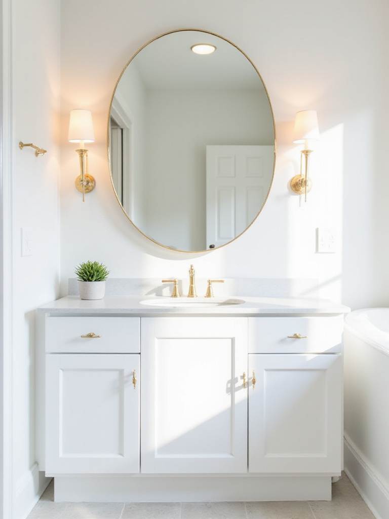 Bathroom vanity with round gold-framed mirror and sconce lighting.