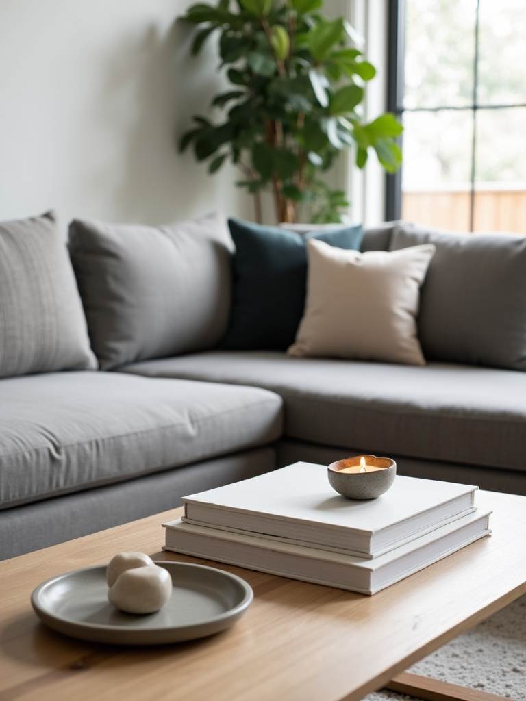 Modern living room with a light wood coffee table styled with a ceramic sculpture, design books, and a candle.