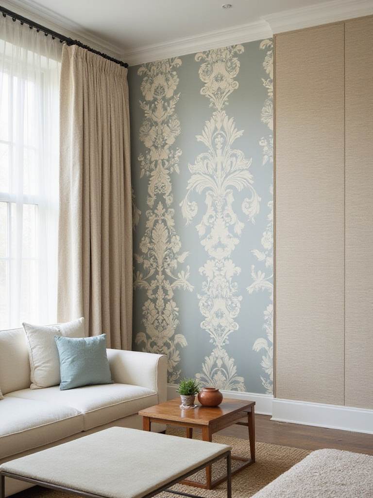 Living room with mixed and matched wallpaper styles: damask, grasscloth, and stripes.