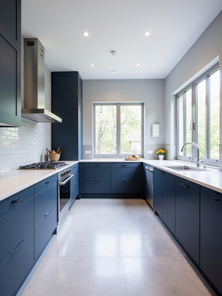 Modern kitchen with blue slab cabinetry and white quartz countertops