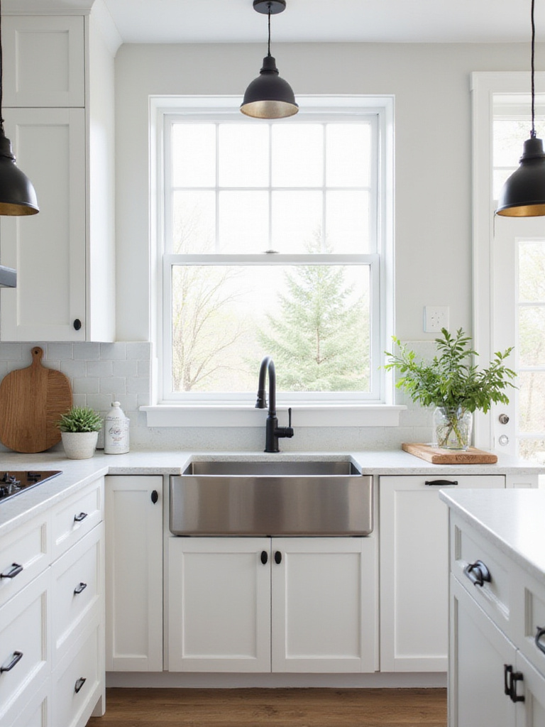 Modern kitchen featuring stainless steel farmhouse sink with white cabinets and quartz countertops.