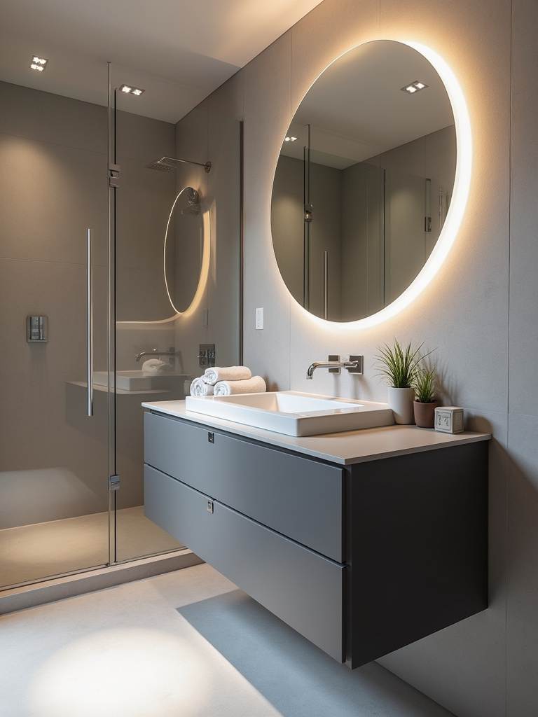 Modern floating bathroom vanity with dark gray matte finish, integrated sink, and backlit mirror.