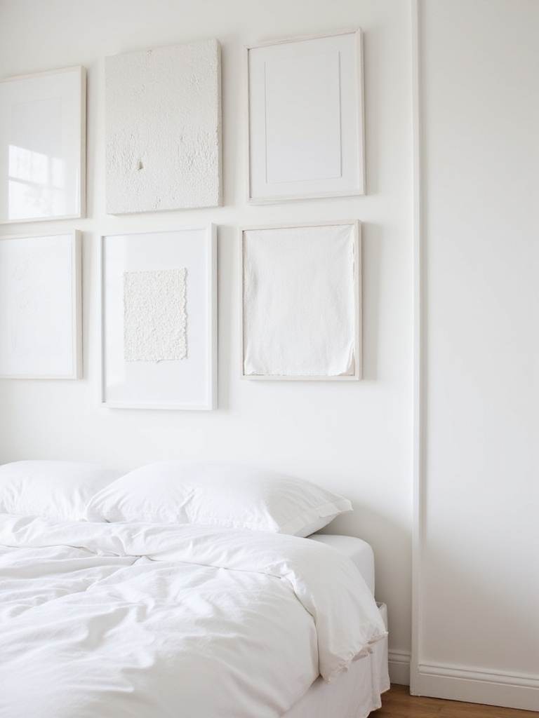 Serene white bedroom with a monochromatic white art gallery wall above the bed.