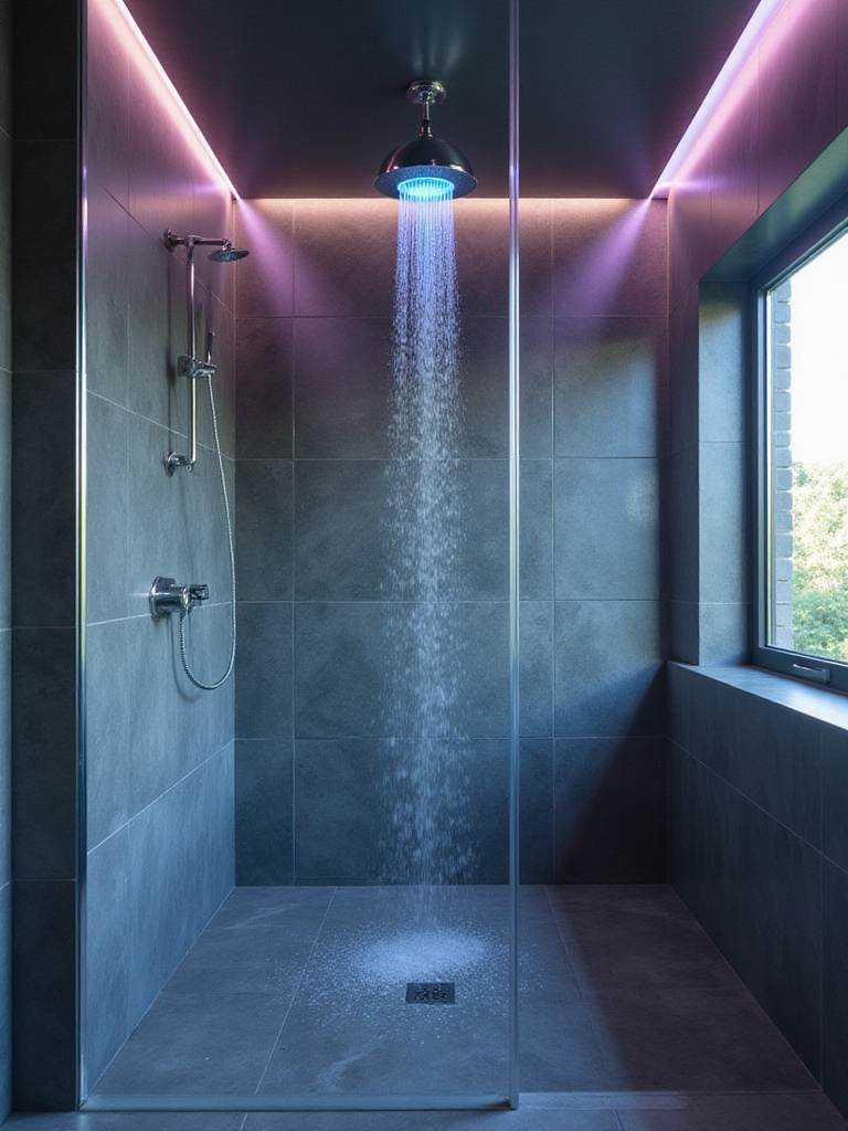 Luxurious modern shower with color-changing LED mood lighting.