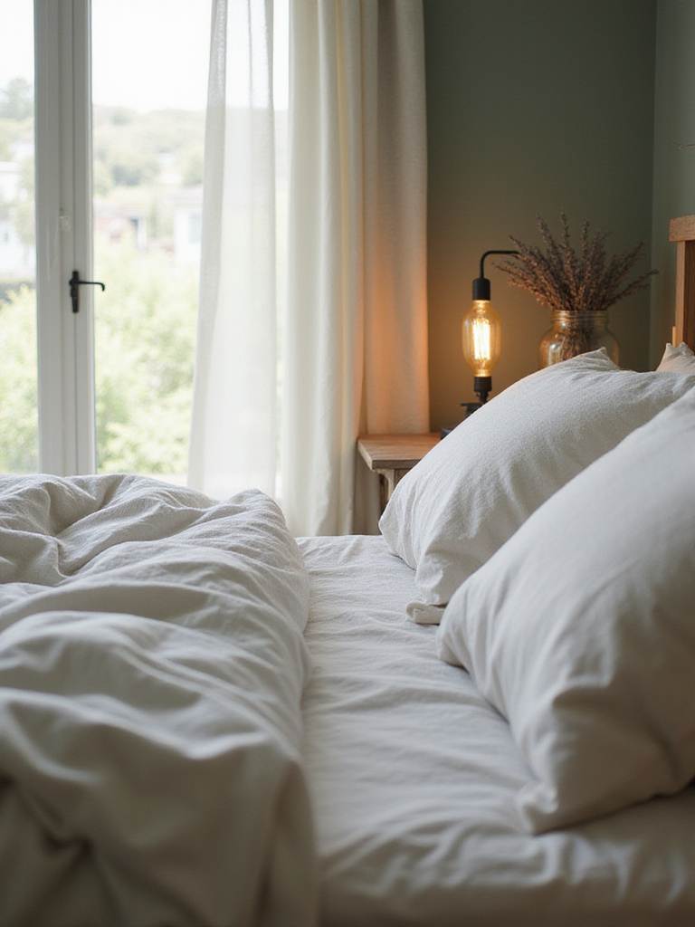 Farmhouse bedroom decor featuring mason jar lamps and a mason jar vase on nightstands.