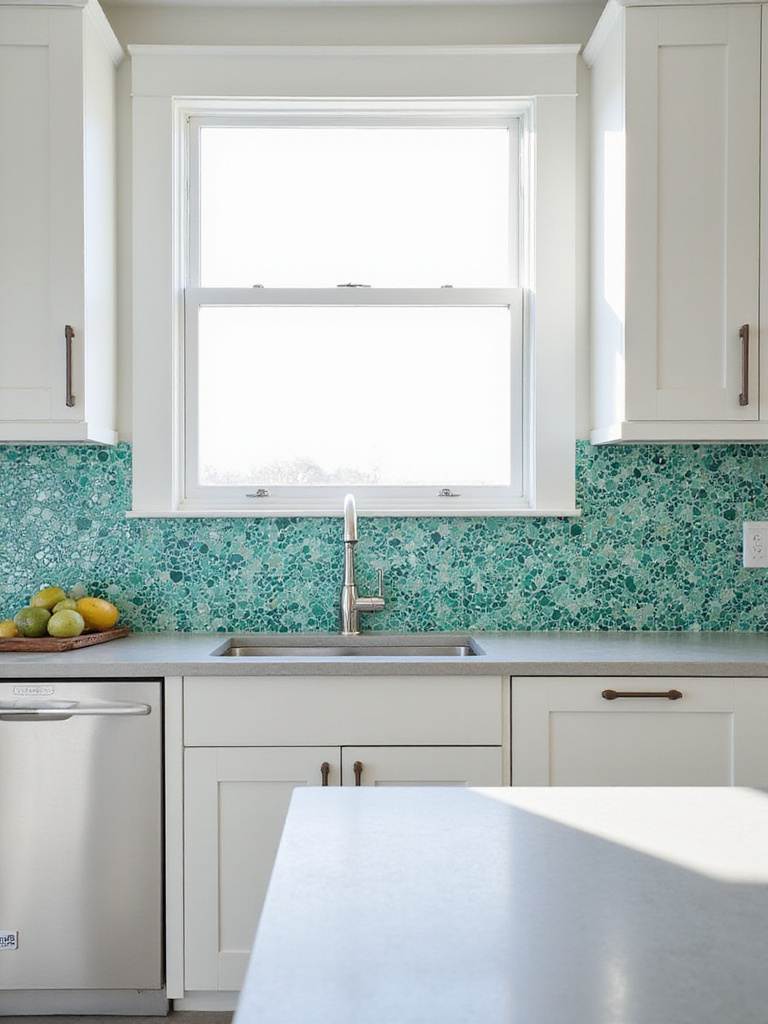 Contemporary kitchen with a teal, emerald green, and white geometric glass mosaic tile backsplash.