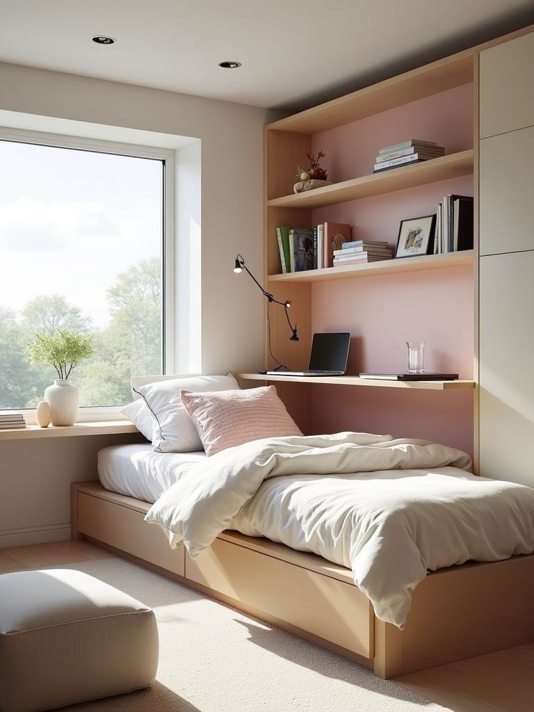Small bedroom with multifunctional furniture including storage bed, fold-down desk, and storage ottoman.