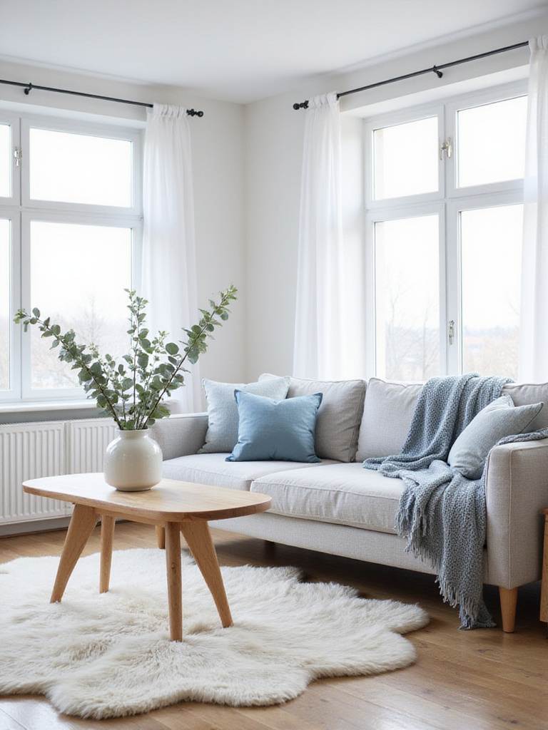 Scandinavian living room with muted blue accent cushions and throw blanket.