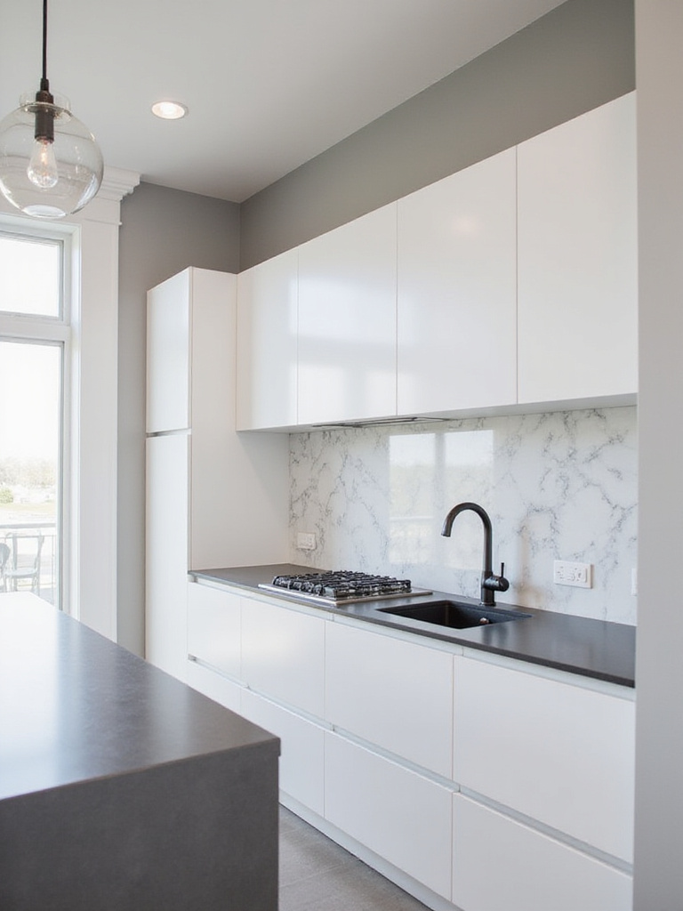 Modern kitchen featuring a white marble slab backsplash with subtle gray veining.