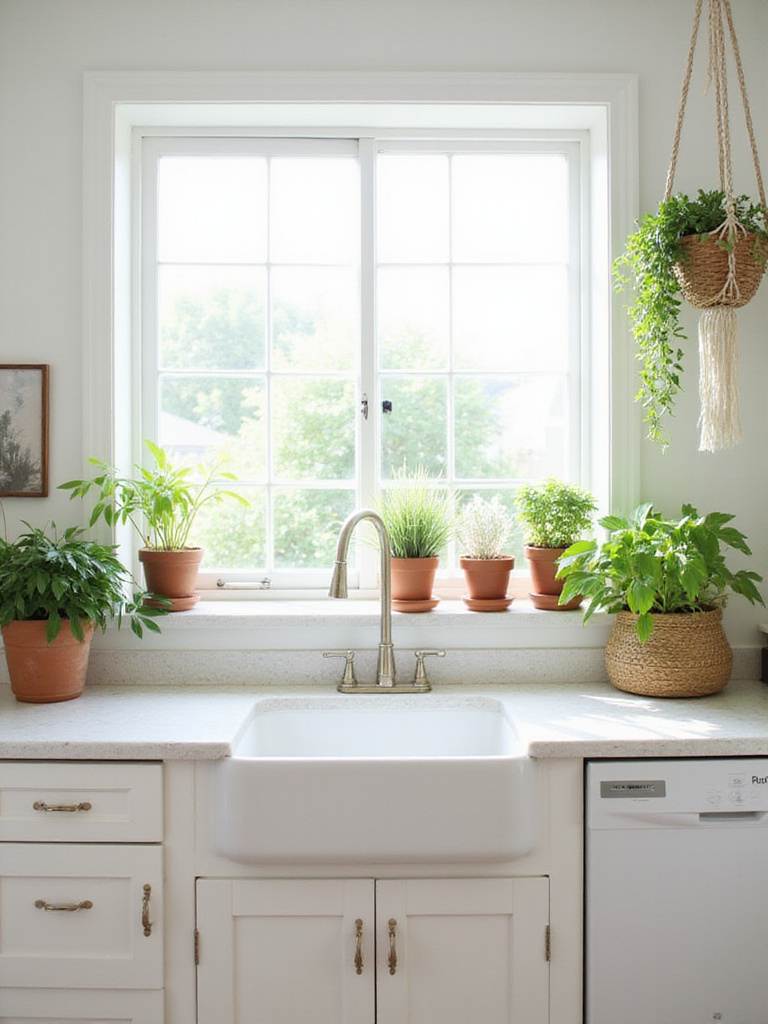 Bright kitchen with white cabinets and various plants including herbs, snake plant, and pothos.