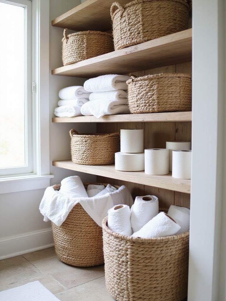 Farmhouse bathroom open shelving with woven baskets for stylish and functional storage.