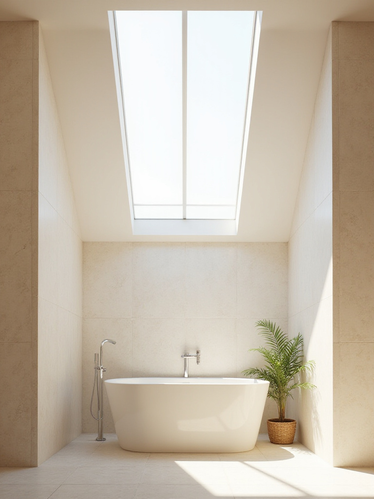 Bathroom bathed in natural light from a large skylight above a freestanding tub.