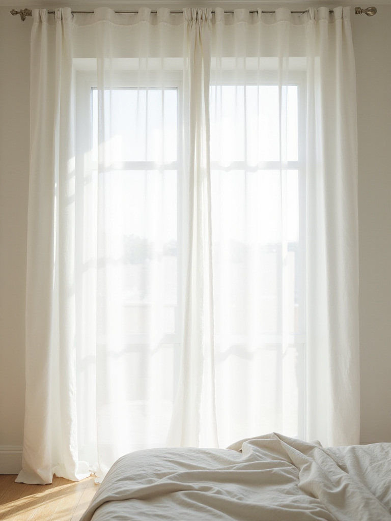 Bedroom with sheer curtains diffusing natural sunlight.