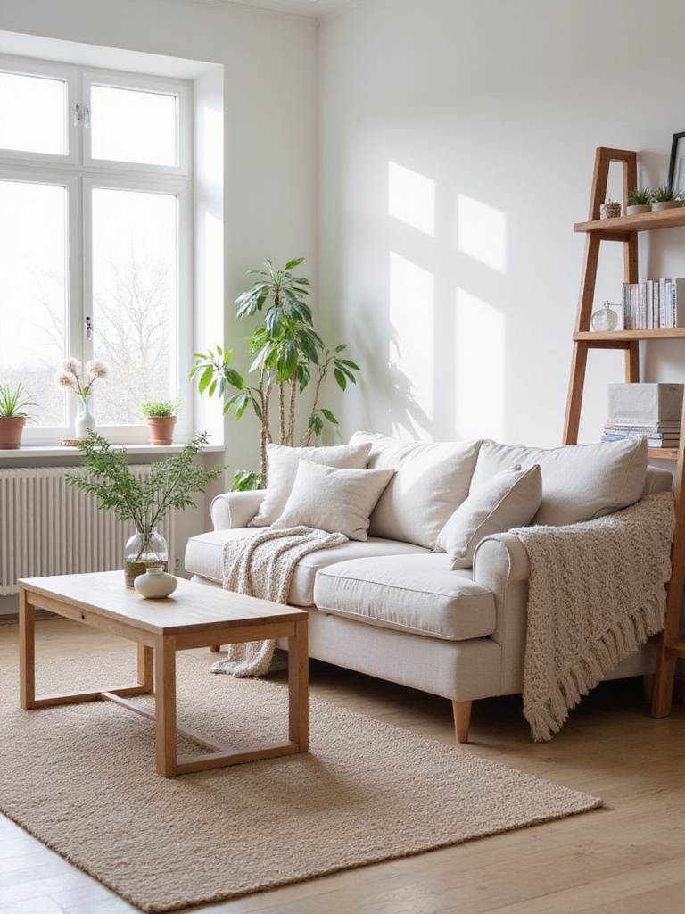 Scandinavian living room featuring natural wood furniture, wool blanket, and linen pillows