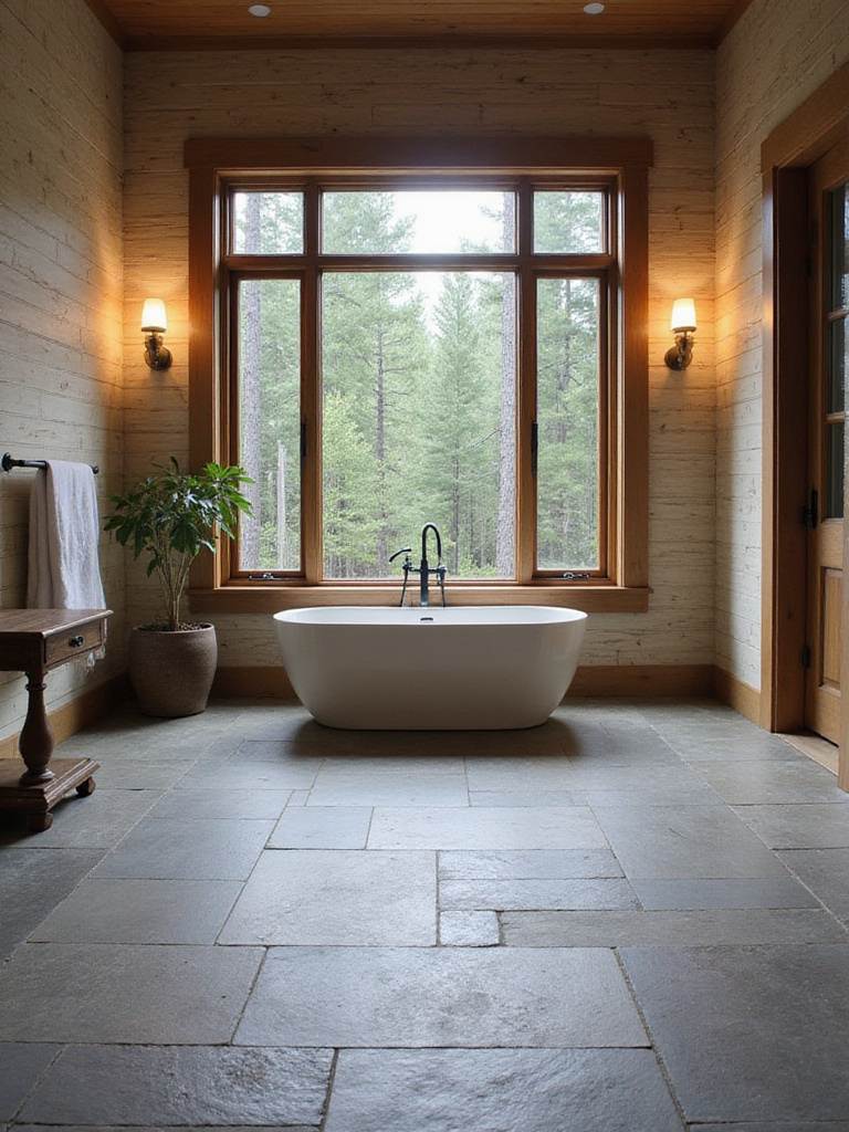Rustic bathroom with natural slate flooring and freestanding tub