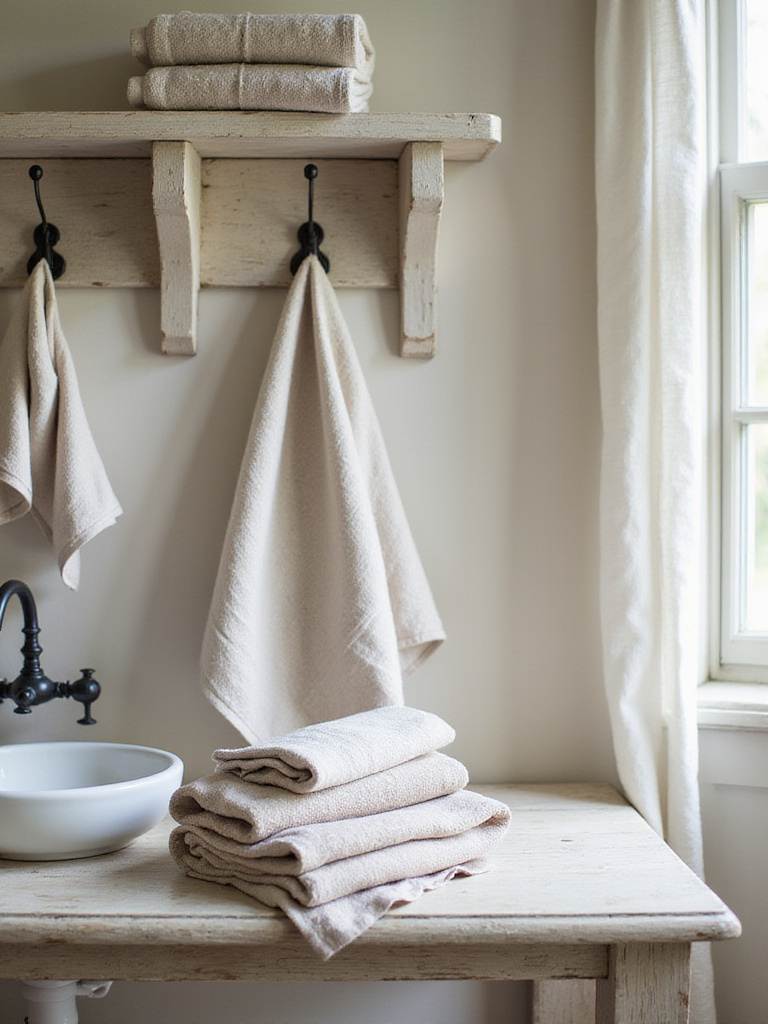 Soft neutral linen towels folded on a rustic wooden shelf in a farmhouse bathroom.