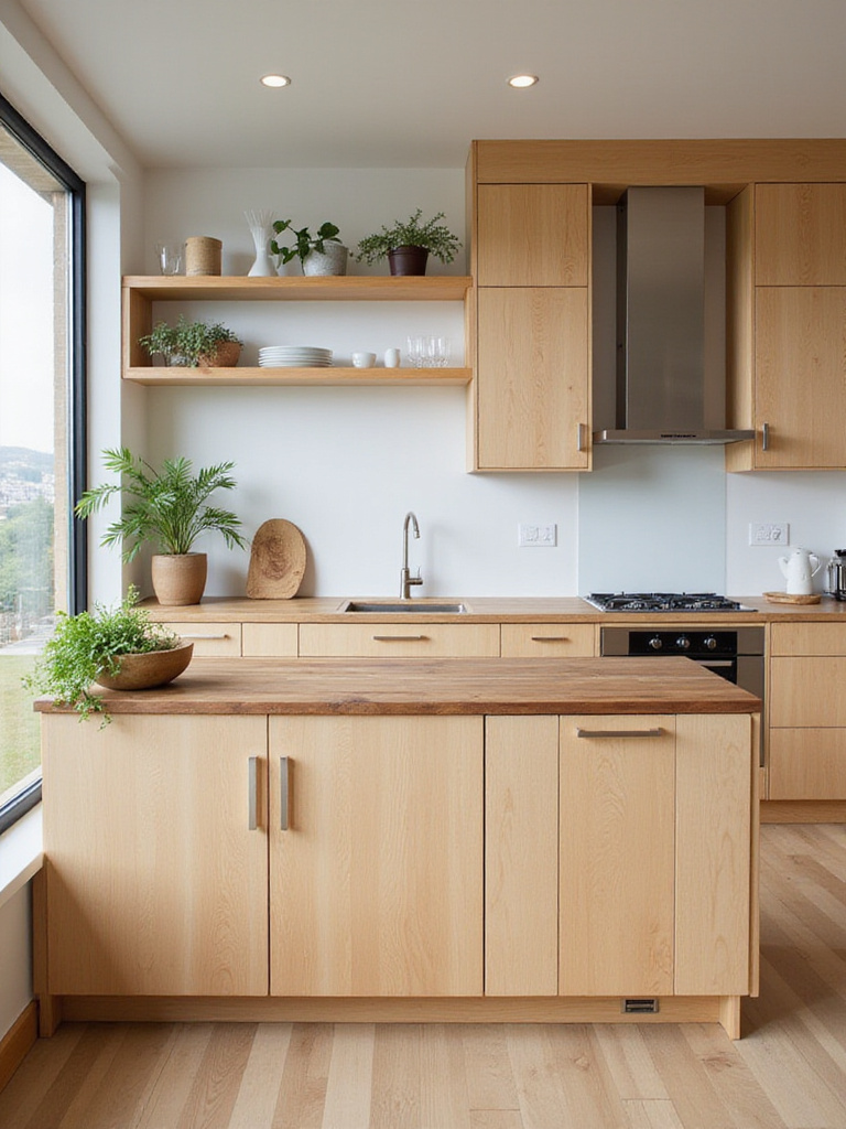 Modern kitchen design featuring light wood cabinetry, butcher block countertop, and open wooden shelving.