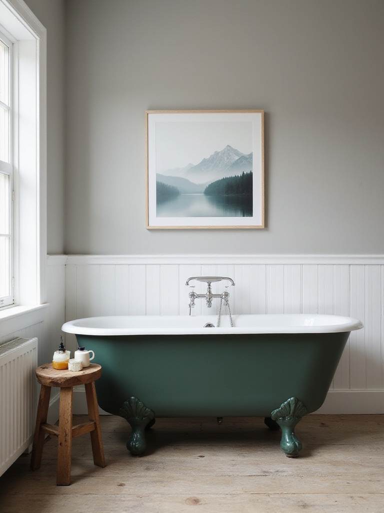 Rustic bathroom with clawfoot tub and nature-inspired mountain landscape artwork above the tub.