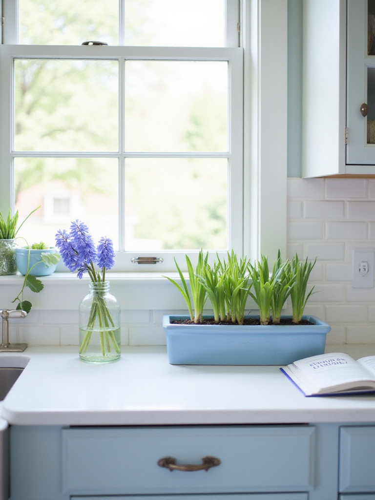 Light blue kitchen with herb garden and blue hyacinths