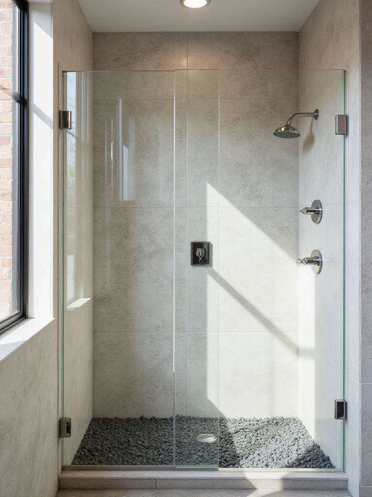 Bathroom shower with elegant travertine stone wall and pebble stone flooring