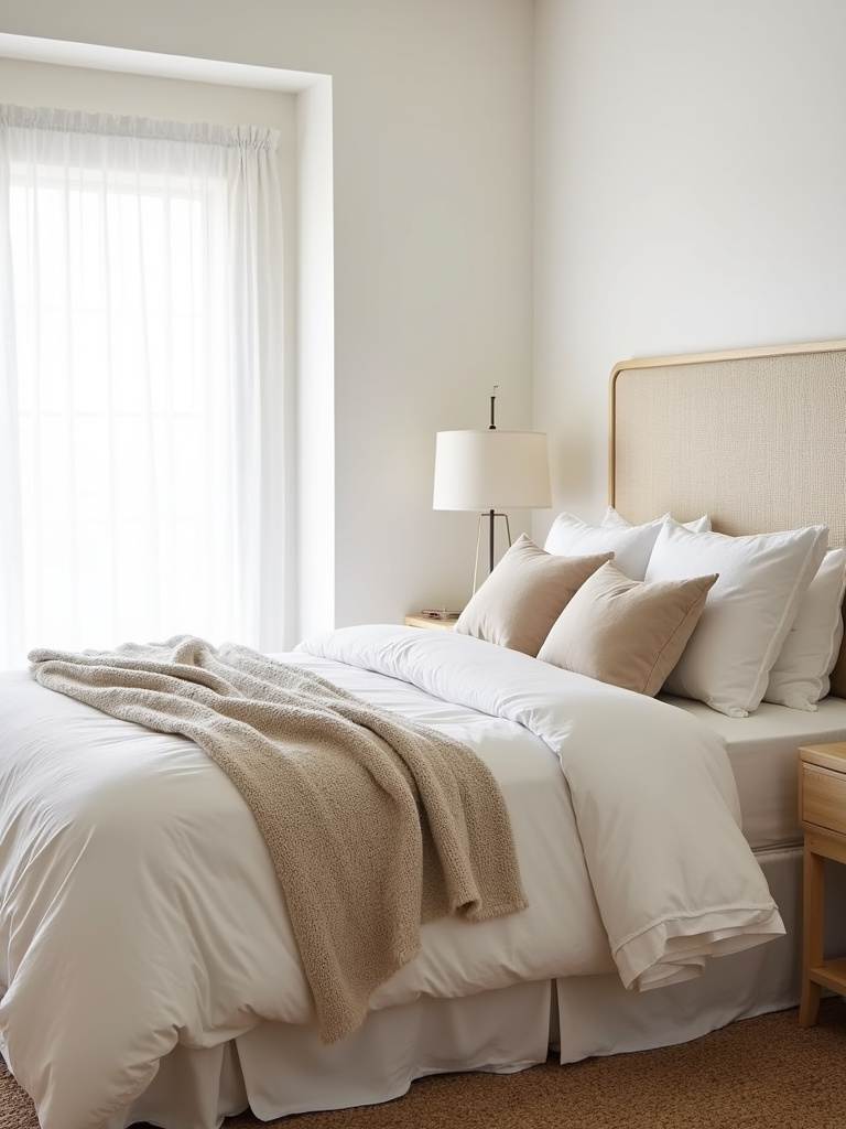 Neutral bedroom with layered textures for a calming and inviting space