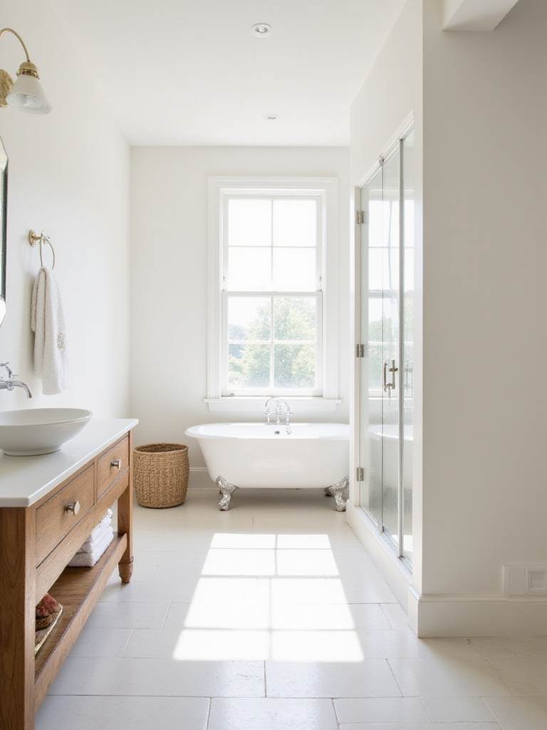 Serene farmhouse bathroom with soft white walls and natural light.