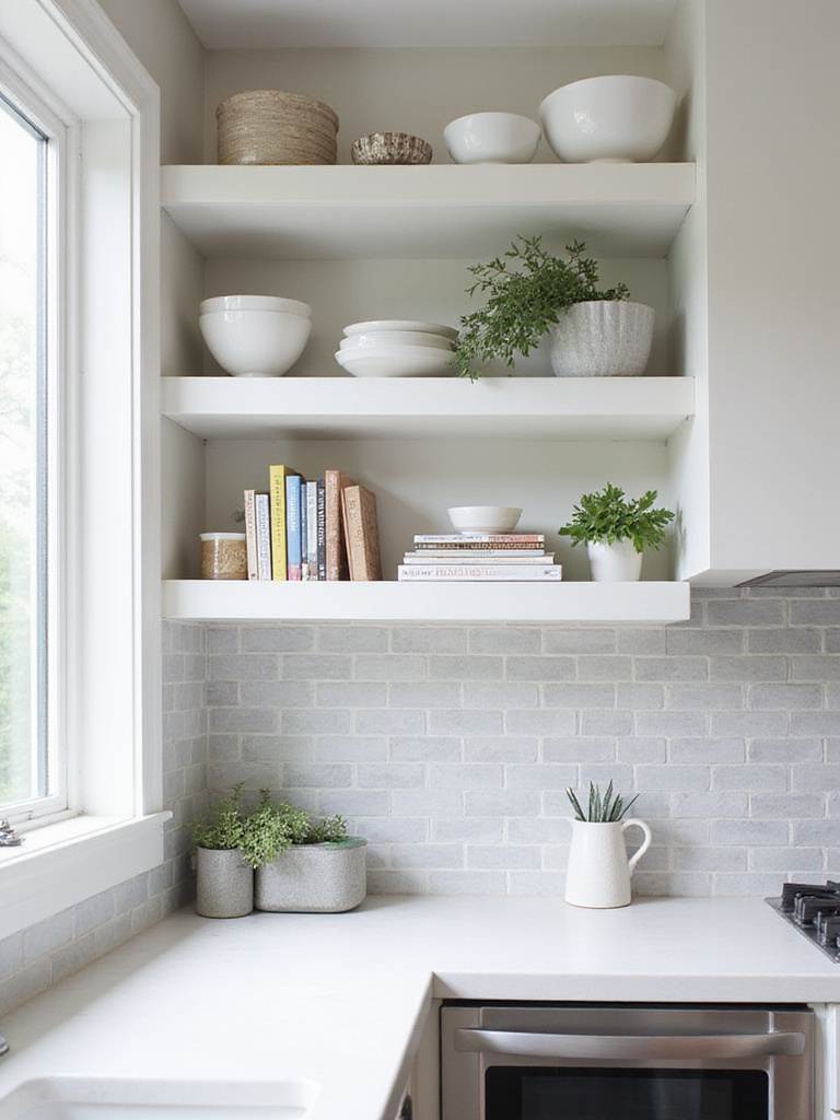 Modern kitchen with light gray textured subway tile backsplash and open shelving displaying kitchenware.