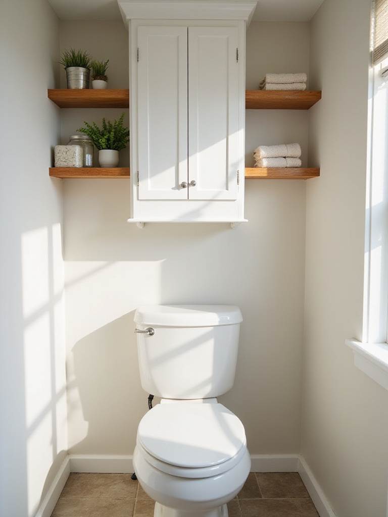 Bathroom over-toilet storage: open wooden shelves with decorative items versus a white shaker cabinet.