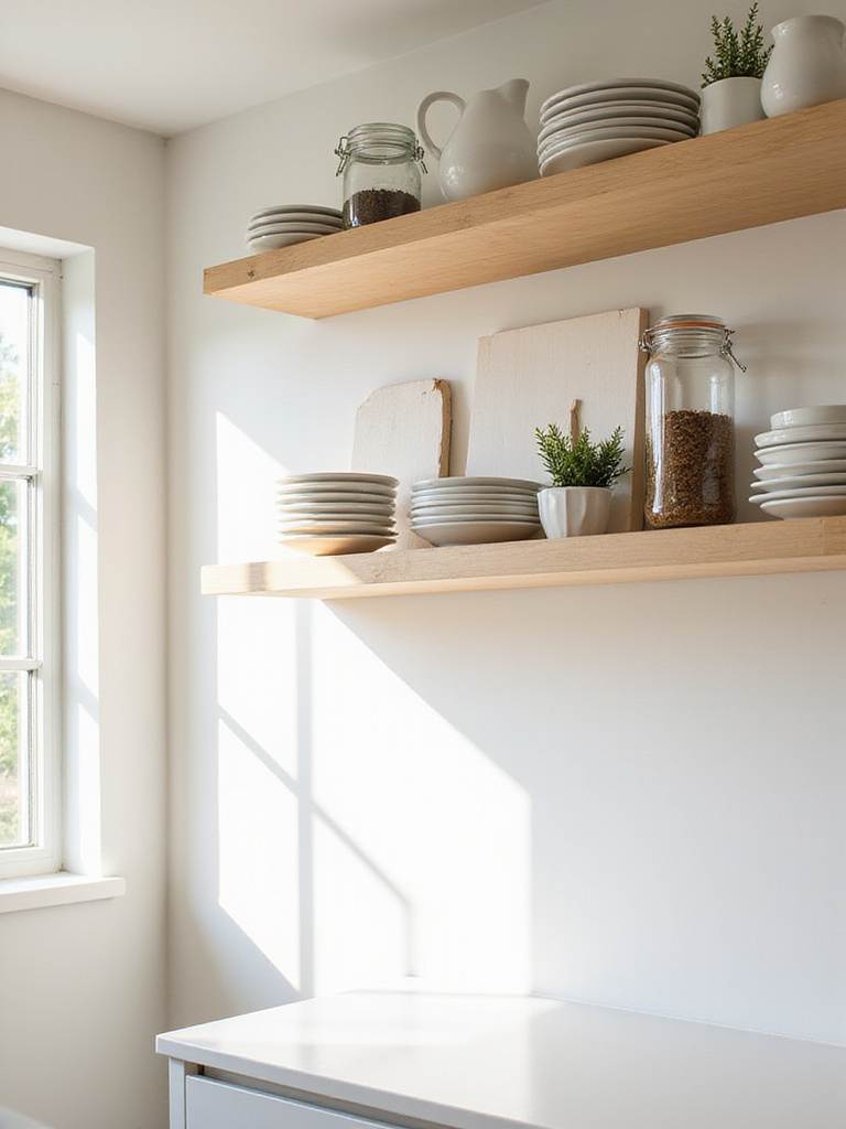 Kitchen with open shelving displaying dishes and spices