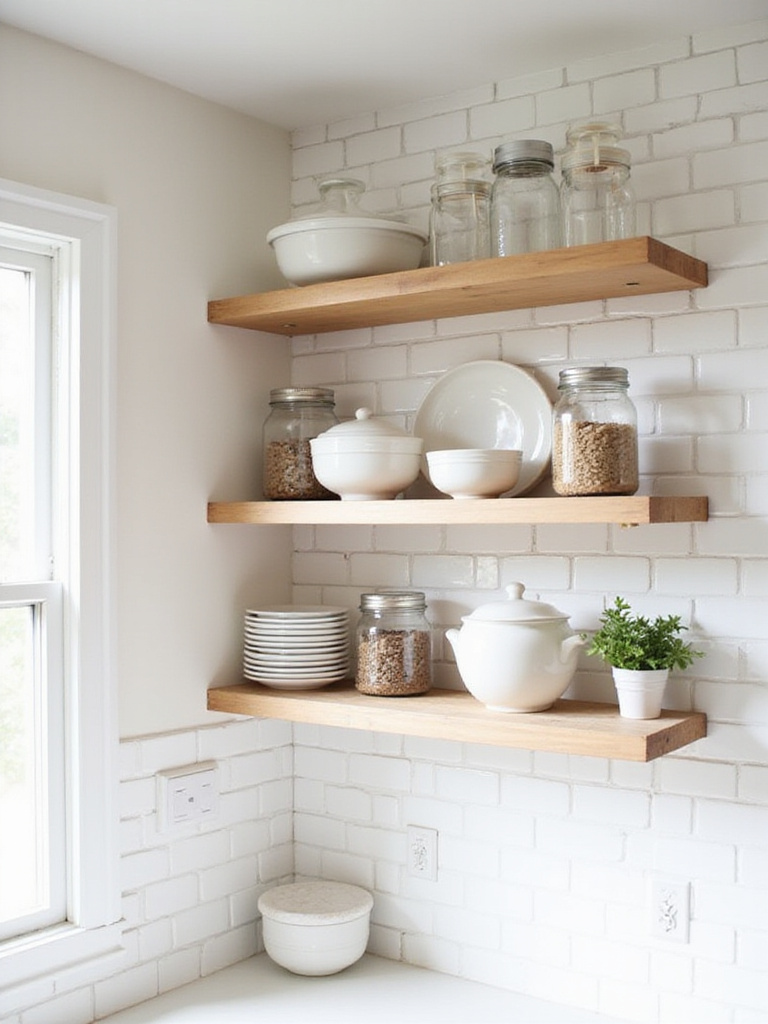Modern farmhouse kitchen with open shelving displaying dishes and pantry staples