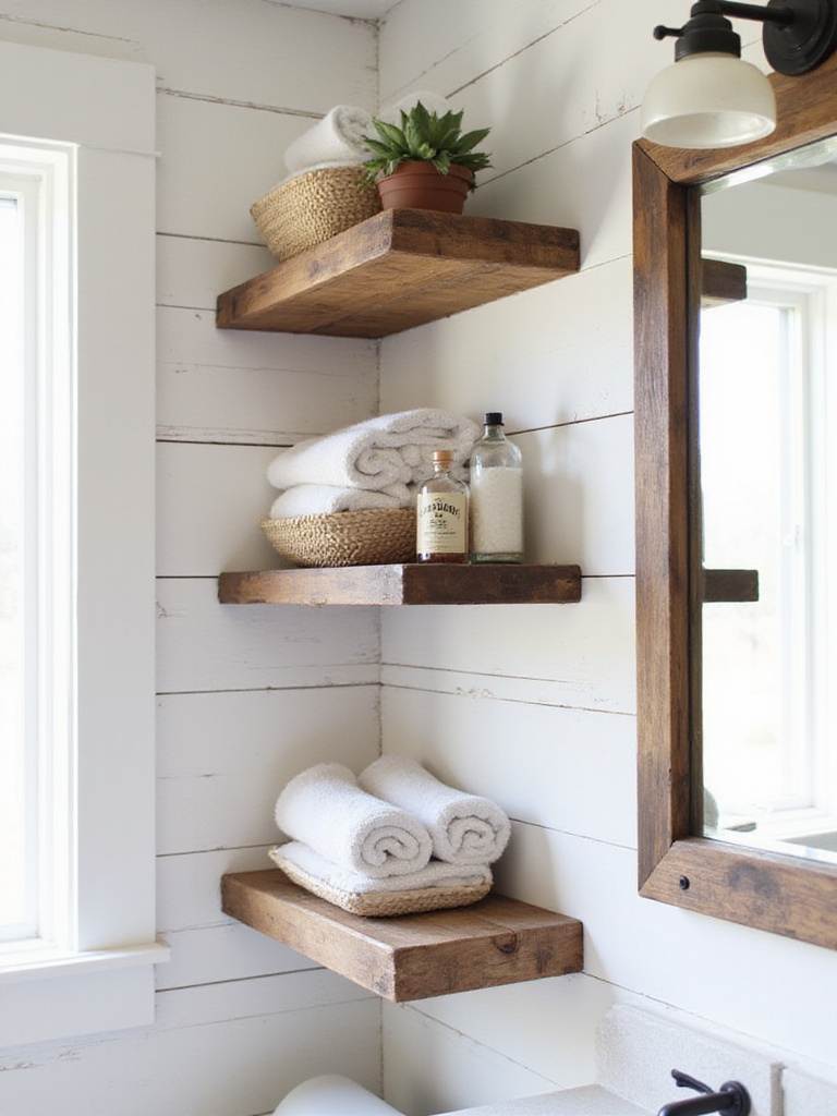 Rustic bathroom with reclaimed wood open shelving displaying towels, baskets, and decorative items.