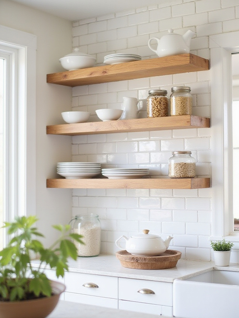 Modern kitchen with light wood open shelving displaying white dishes and pantry staples.