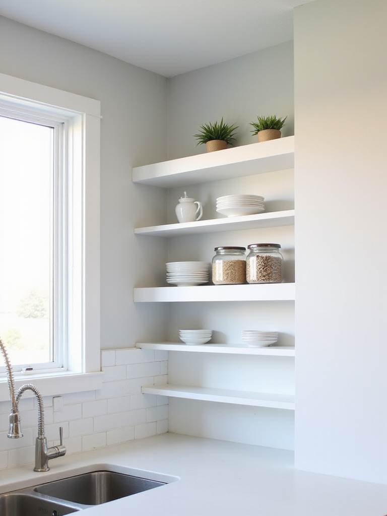 Contemporary kitchen with white open shelving and light gray painted wall backsplash.