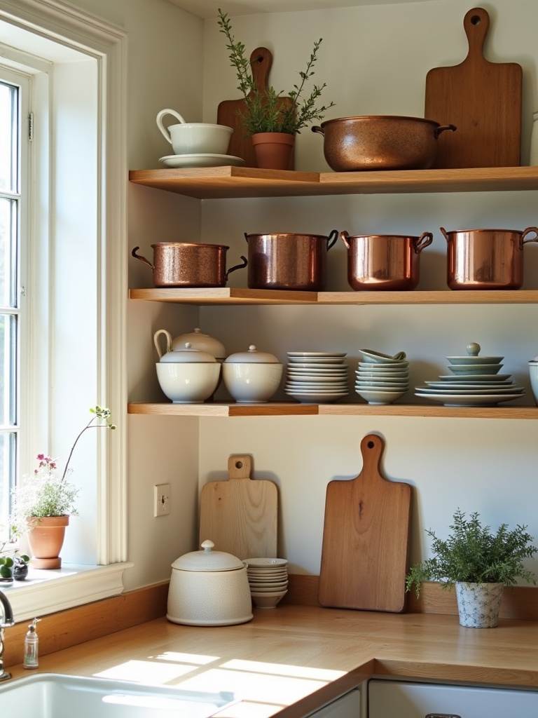 Open kitchen shelves displaying curated kitchenware and decor, creating a visually appealing vignette.