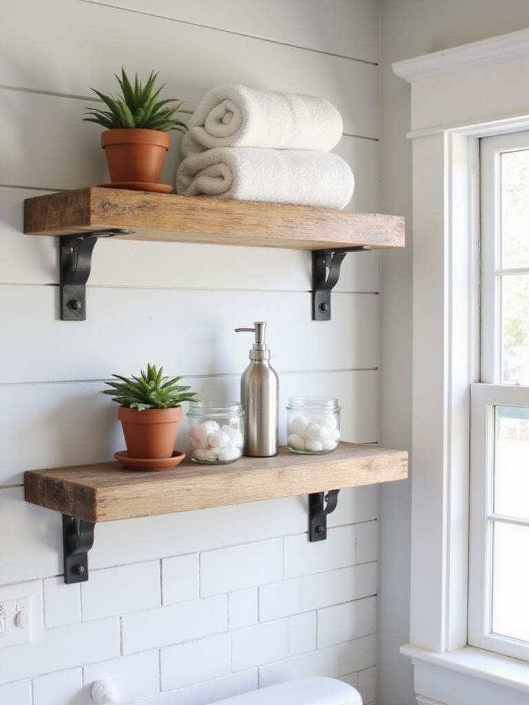 Reclaimed wood open shelving displaying farmhouse bathroom decor
