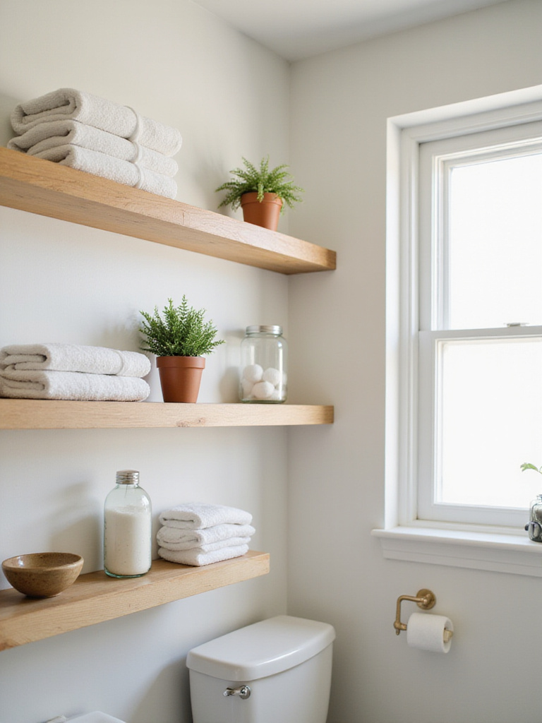 Bathroom featuring open shelving with neatly organized towels, plants, and bath accessories.