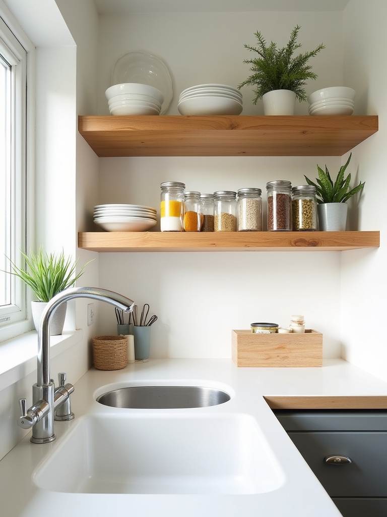 Small kitchen with open shelving displaying dishes and spices for a spacious feel.
